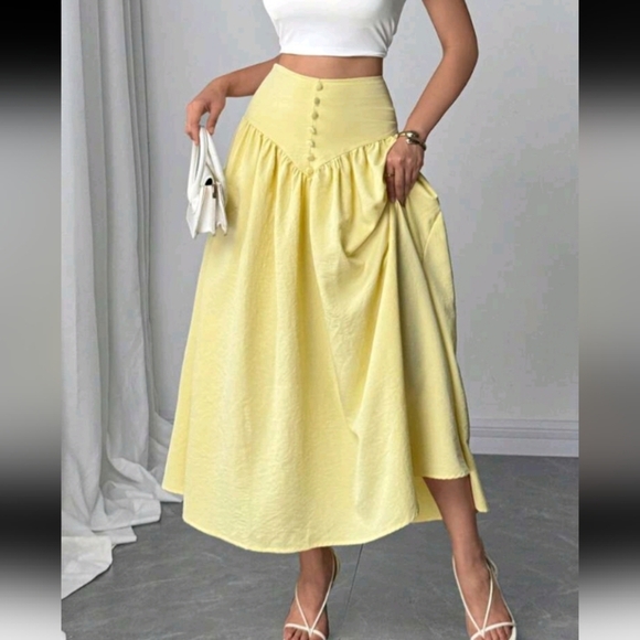 New Casual & Versatile Light Yellow Faux Linen Flared Skirt Butter Yellow,Specials : American Fashion Style Bags On Sale